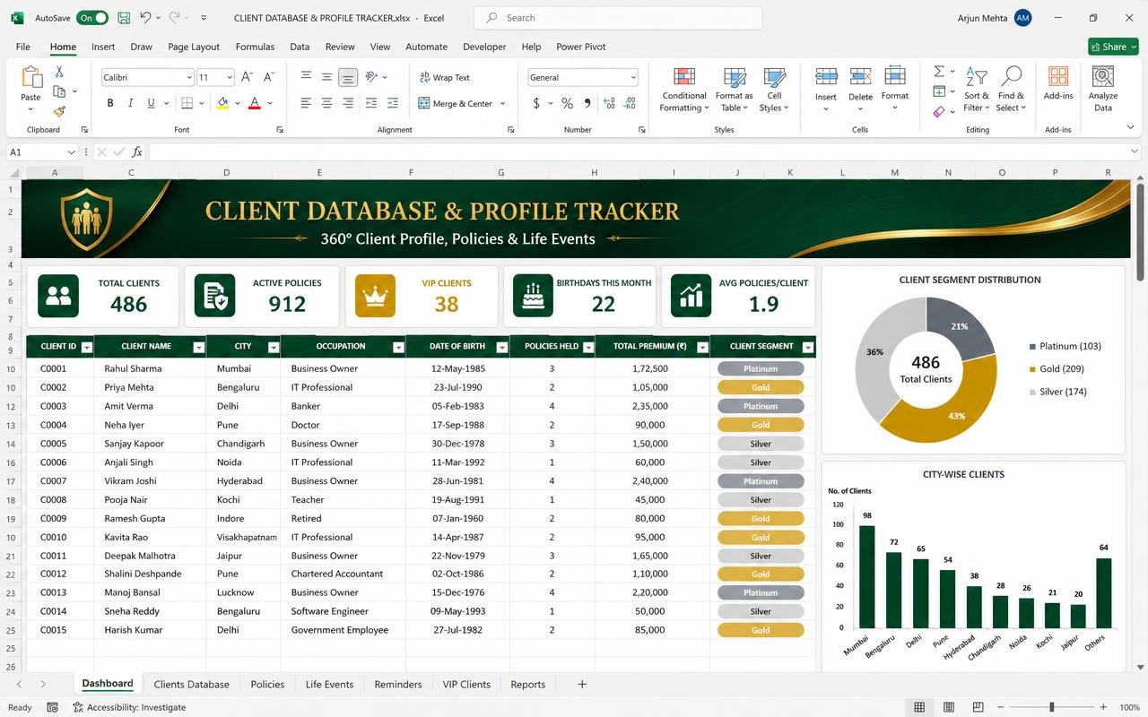 Client Database & Profile Tracker — Excel dashboard preview