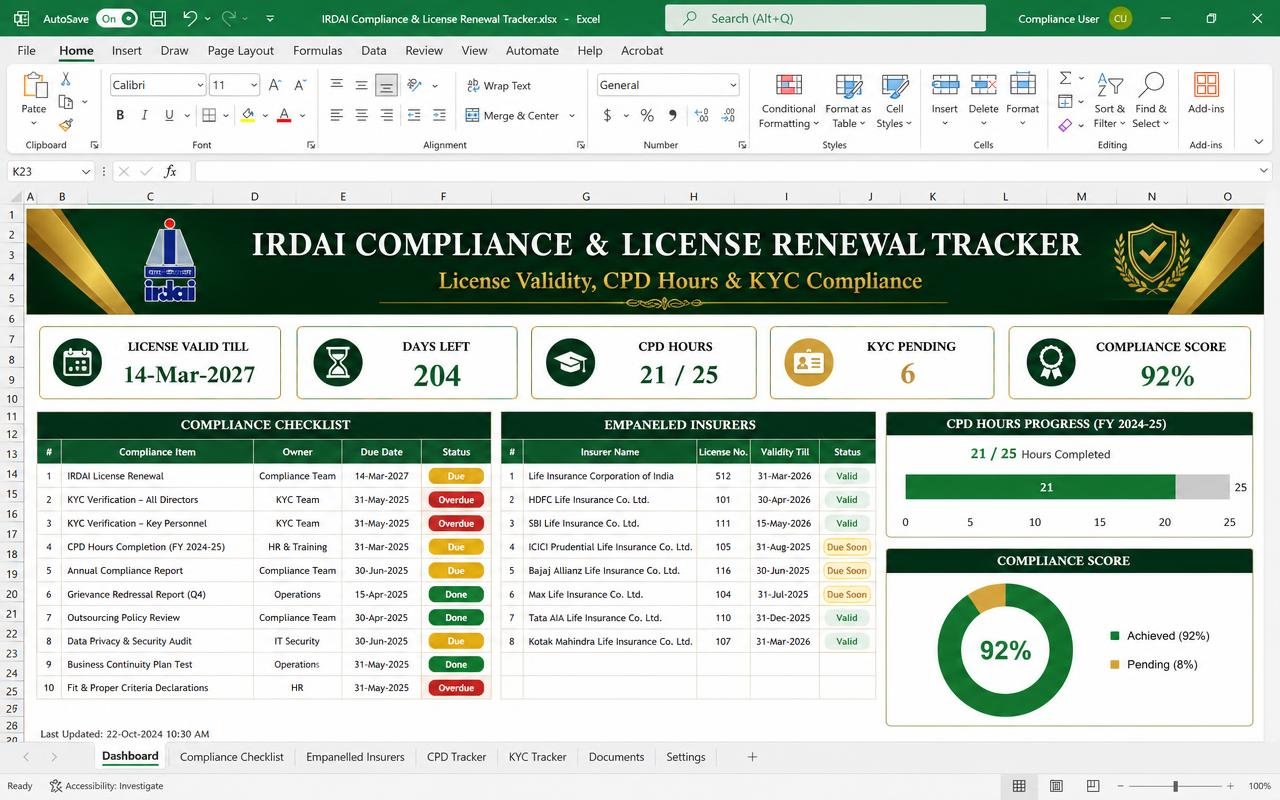IRDAI Compliance Tracker — Excel dashboard preview