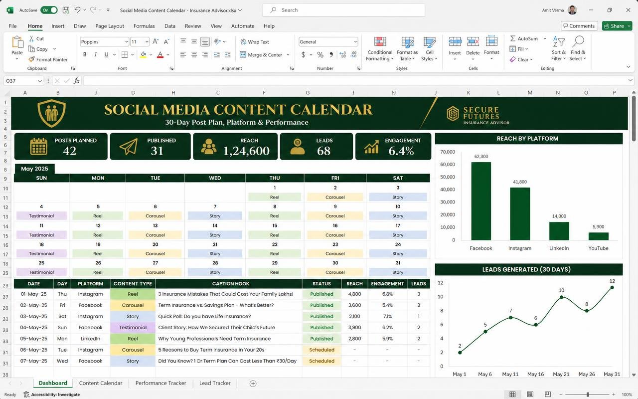 Social Media Content Calendar — Excel dashboard preview