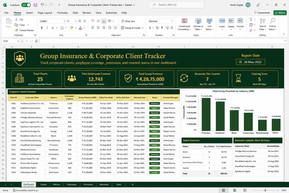 Group Insurance & Corporate Client Tracker — Excel dashboard preview