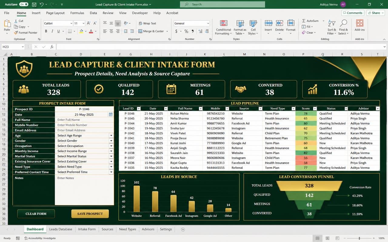 Lead Capture & Intake Form — Excel dashboard preview