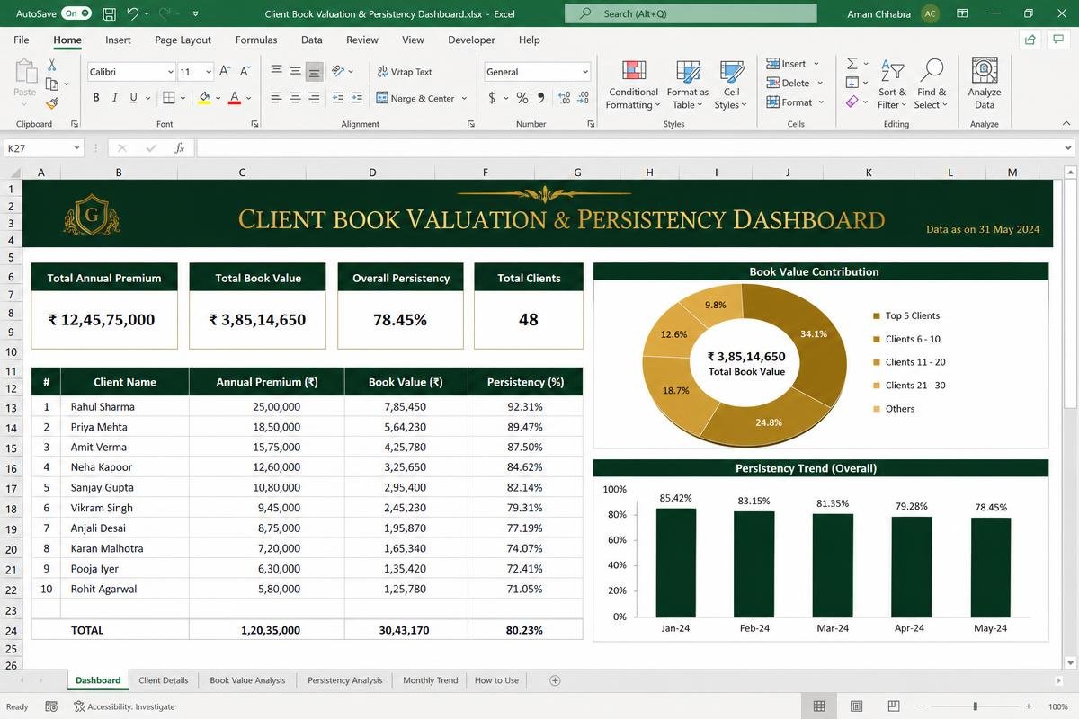 Client Book Valuation & Persistency Dashboard — Excel dashboard preview